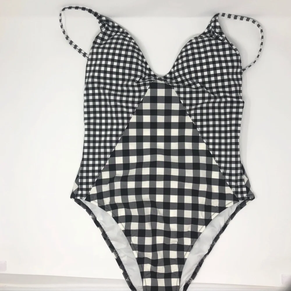 J. Crew Deep V-neck One-piece Swimsuit, Gingham Size 8 NWT